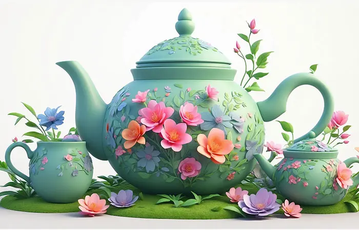 Beautiful Floral Teapot Colorful 3D Picture Illustration